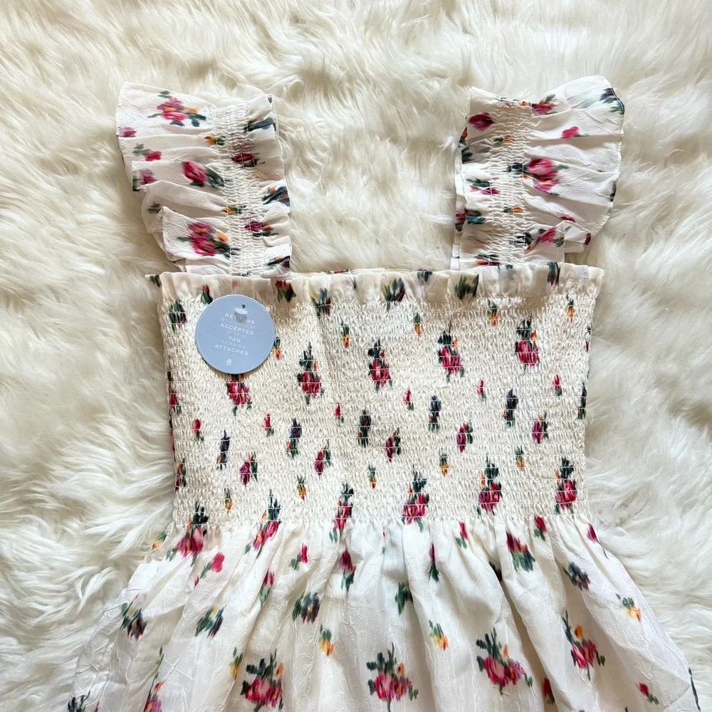 New! HILL HOUSE Ellie Floral Midi Nap Dress in Ivory Crushed Taffeta Ikat - Picture 8 of 15